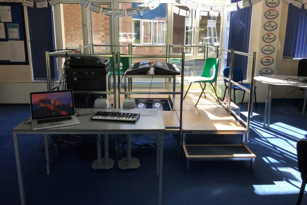 Picture of the musical vibrations schools system of vibrotactile equipment, shown in a classroom setting